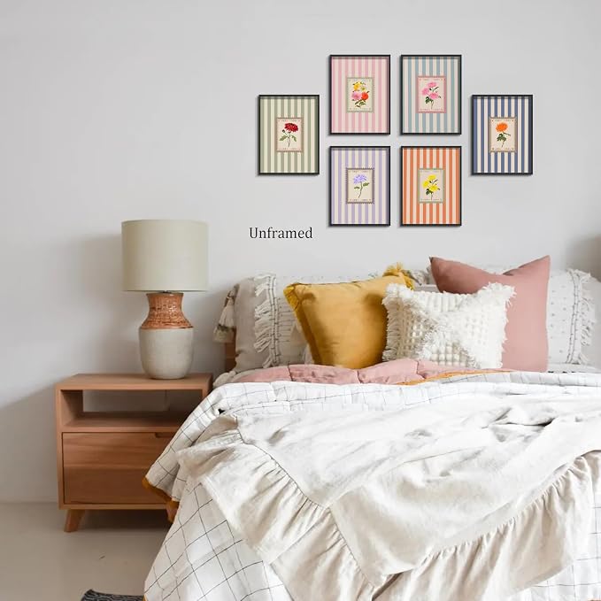 Vintage Floral Posters Wall Art Set of 6, Coquette Cute Stripe Botanical Stamp Canvas Wall Decor Painting, Colorful Flower Artwork Posters Prints for Bedroom Girls Room Dorm 12x16 Inch Unframed