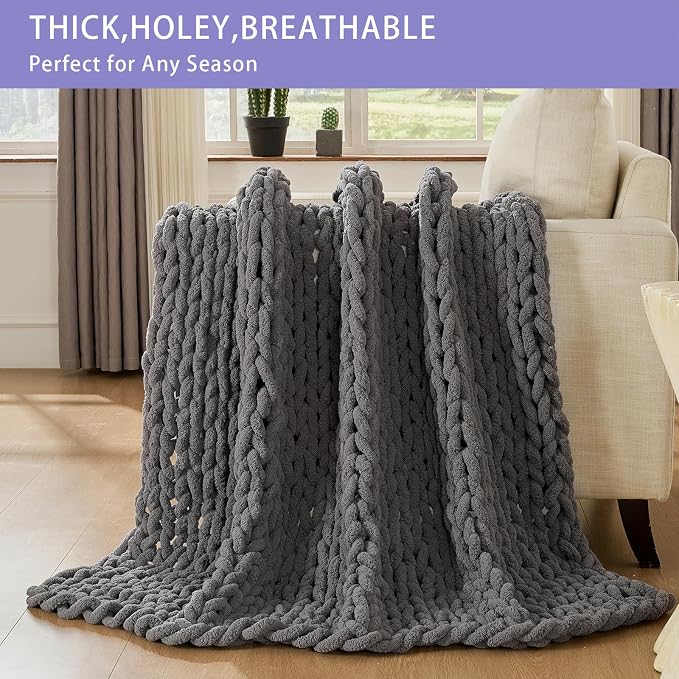 Bigacogo Chunky Knit Throw Blanket for Couch, 51x63 inches, Slate Gray | Hand Knit with Jumbo Chenille, Soft Breathable Cable Knit for Sofa Bed Living Room, Machine Washable, Gift for Mom Friend