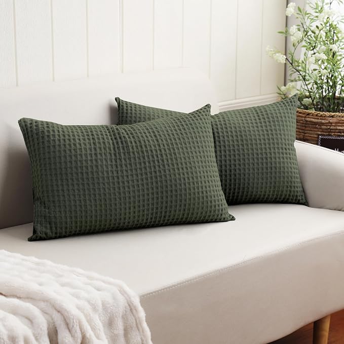 100% Egyptian Cotton 600 TC Waffle Weave Lumbar Pillow Covers 2 Pack | Ultra Soft Breathable Rectangle Throw Pillow Covers, Decorative Cushion Covers for Bed Couch Sofa Car, Olive Green, 12" x 20"