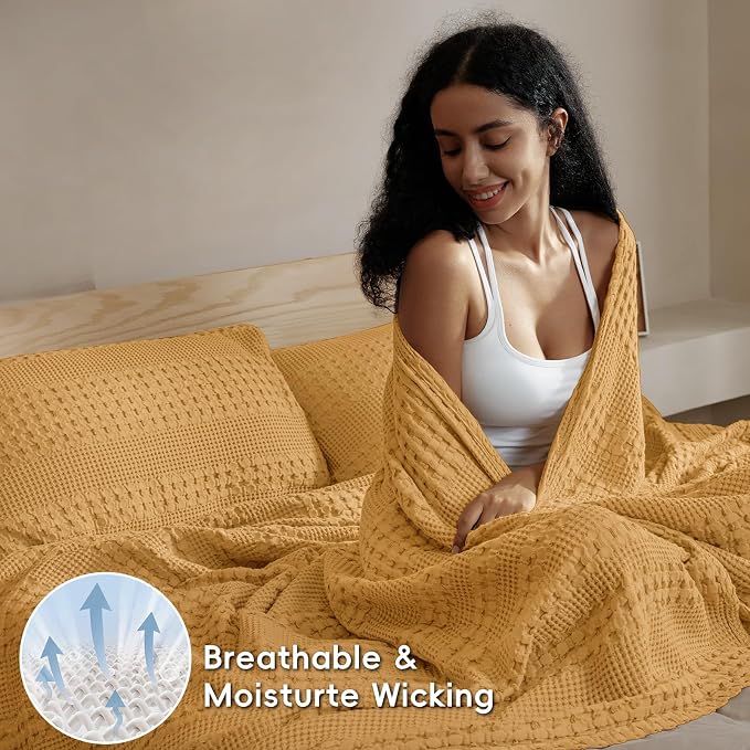 PHF 100% Cotton Waffle Weave Blanket Queen Size, Lightweight Breathable Summer Blanket for Hot Sleepers, Pre-Washed Soft Layer for Bed, Couch, Aesthetic Home Decor & Gift, 90"x90", Blue Sapphire