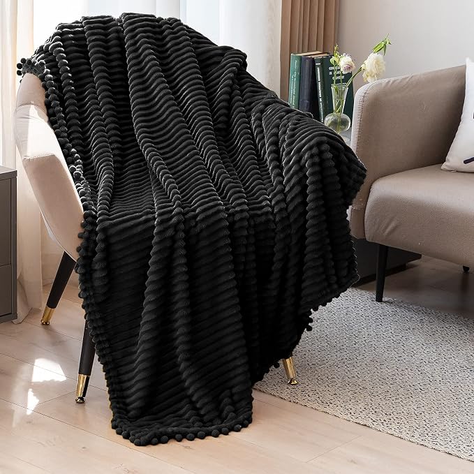 DISSA Fleece Blanket Throw Size – 51x63, Black – Soft, Plush, Fluffy, Fuzzy, Warm, Cozy – Perfect Throw for Couch, Bed, Sofa - with Pompom Fringe - Flannel Blanket Throw Blanket