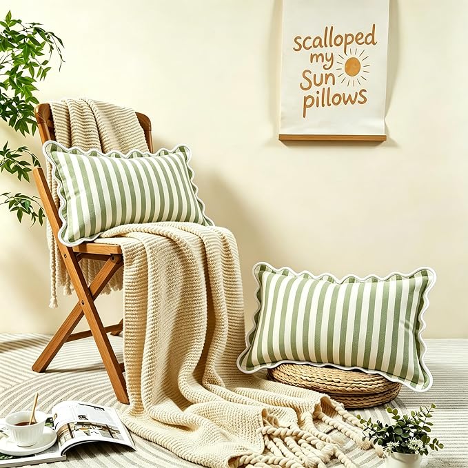 Scalloped Throw Pillow Covers | Decorative Couch Lumbar Pillows | Cute Stripe Pillow Cases | Boho Sytle for Living Room (Green & White, 12x20 Inch)