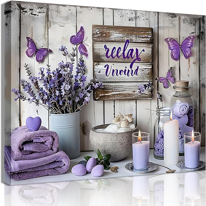 Purple Bathroom Canvas Wall Decor Relax Soak Canvas Wall Art Butterfly Floral Print Poster Artwrok Unwind Bathroom Washroom Painting Pictures 12x16 In