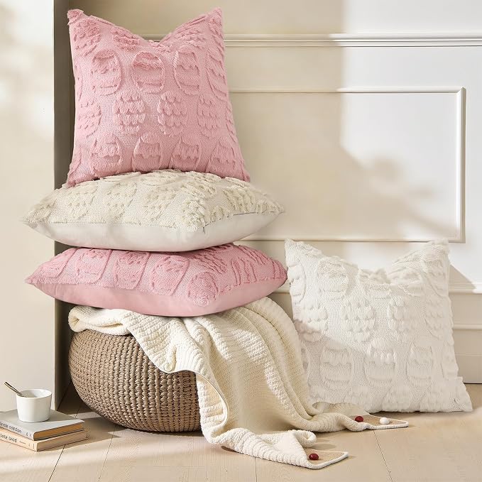 decorUhome Pink Faux Fur Egg Throw Pillow Covers 18x18 Set of 2 | Plush Soft Wool Jacquard Pink Cushion Covers, Modern Farmhouse Neutral Easter Holiday Decor Pillow Covers for Couch Sofa Bed
