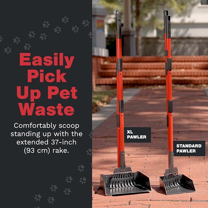 Pooper Scooper for Dogs with Long Handle Rake & Tray, Heavy Duty | Pawler Rustproof Aluminum Poop Scooper Set with 36+" Handles for Yard, Grass, Dirt & Gravel