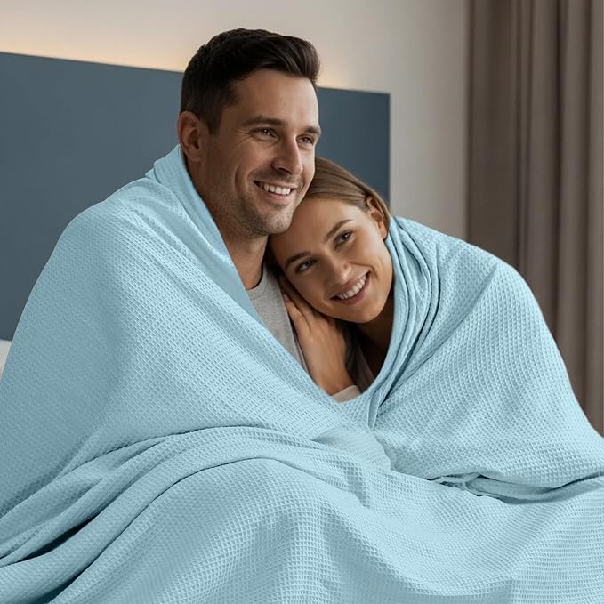 Utopia Bedding Cotton Blend Sky Blue Waffle Blanket Queen - 90x90 Inches | Lightweight, Skin Friendly, Breathable, All Season, Luxury, Bed, Couch, Sofa