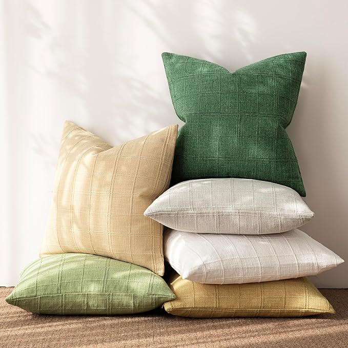 Foindtower Set of 2 Decorative Linen Check Throw Pillow Covers Neutral Farmhouse Vintage Cushion Covers Modern Boho Accent Home Decor for Sofa Chair Couch Bedroom Living Room,24×24 Inch,Forest Green