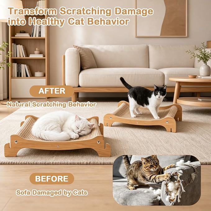 Two-Tier Sisal Cat Scratcher Bed, Solid Cats Scratching Post Hammock Lounge for Indoor Cats, Comfortable Cat Bed Natural Sisal Scratch Pad for Cats Scratcher Lounge, Sturdy Wooden Cat Furniture