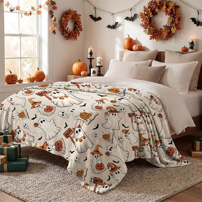 Horaldaily Halloween Beige Ghost Pumpkin Skulls Flannel Throw Blanket 40x50 | All Season Using Ultra Soft Fuzzy Plush Cozy Non-shedding Blanket for Couch Sofa Bed Camping, Ideal Gift for Kids Adults