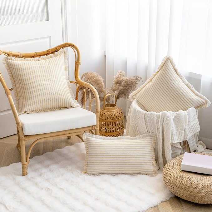 YEENAASY Throw Pillow Covers 18x18 Boho Striped Pillow Cases with Tassel | Set of 2 Fringe Pillow Cover Farmhouse Cushion Covers Neutral Pillows Decorative Square Pillowcase for Couch Sofa Bed, Yellow