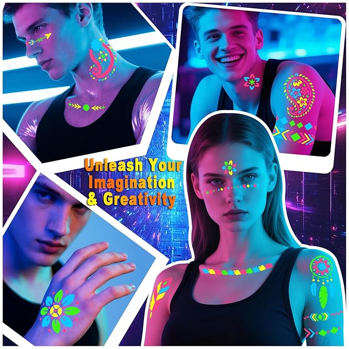 Glow in the Dark Face Paint Markers, UV Neon Body Paint Pen 4-Color + 8 Sheet Mandala Flower Bohemia Tattoos Stencils for Adult Teen Kid, Glow Party Nightclub Birthday Festival Christmas Washable