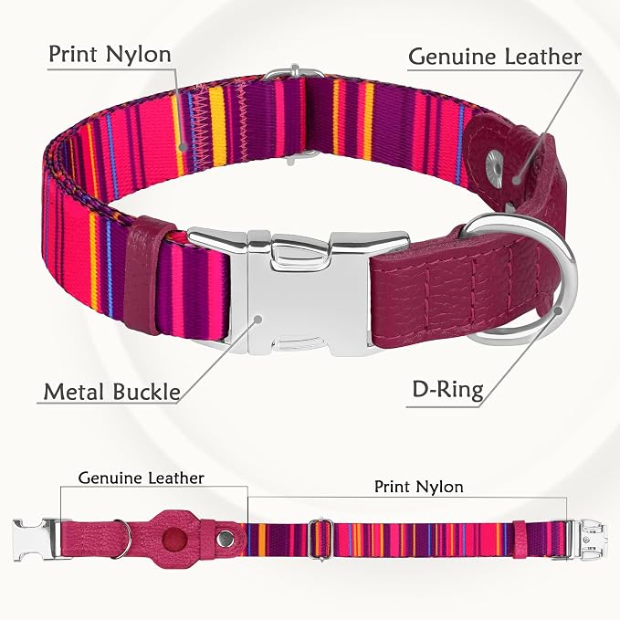 AirTag Dog Collar for Small Medium Large Breed - Adjustable Cute Pattern Dog Collar with Airtag Holder - Soft Leather Tracker GPS Apple Air Tag Pet Collars (X-Small, 9"-12" Neck Fit, Striped)