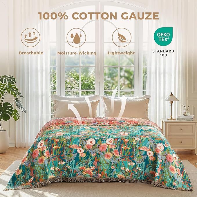LUTBM Cotton Boho Blanket for Bed, Queen Soft Lightweight Reversible Quilt | 90"x90" Floral Embroidery Blankets, All-Season Bedspread, For Chair Sofa Couch Bedroom Living Room Decor, Breathable Gauze