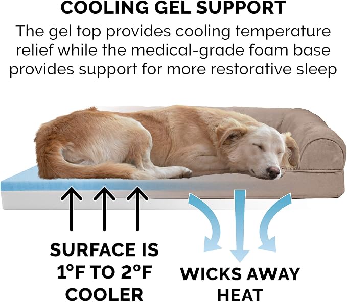 Furhaven Cooling Gel Dog Bed for Medium/Small Dogs w/ Removable Bolsters & Washable Cover, For Dogs Up to 35 lbs - Plush & Suede Sofa - Almondine, Medium
