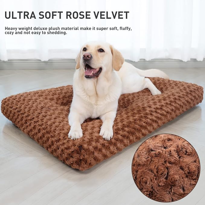 KSIIA Washable Dog Bed Medium Size Dog Crate Bed Pet Mat 35"x23" Brown | Deluxe Plush Comfy Kennel Pad, Anti-Slip Bottom,Deep Sleeping Mat for Medium Dogs,Machine Washable for Easy Cleaning