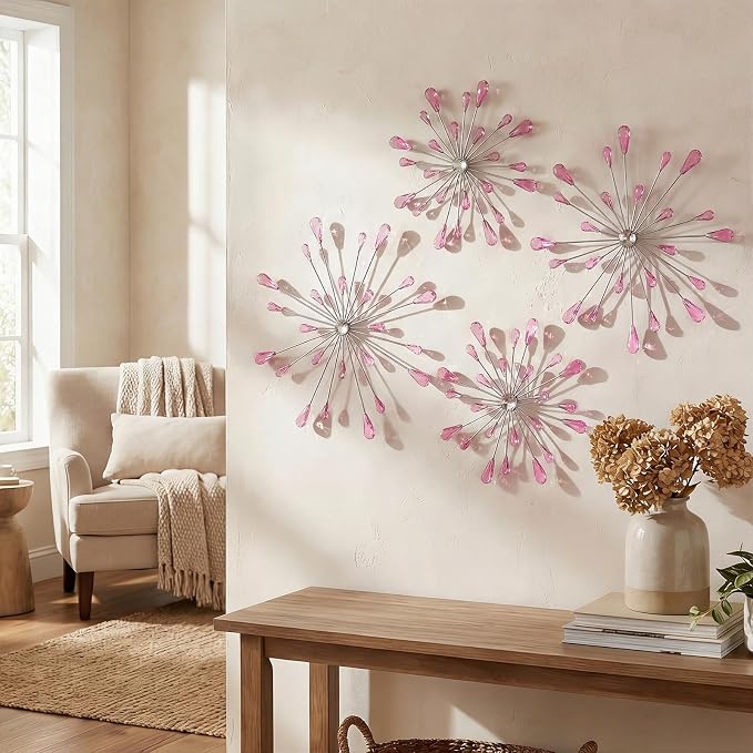 ZEXUIRU 4 Set Silver Starburst Wall Art for Home Decor Metal Bling Crystal Rhinestones Sunburst Wall Decor Sparkling Rhinestone Art Accent -Pink 13in/11.8in/9.8in/9.8in