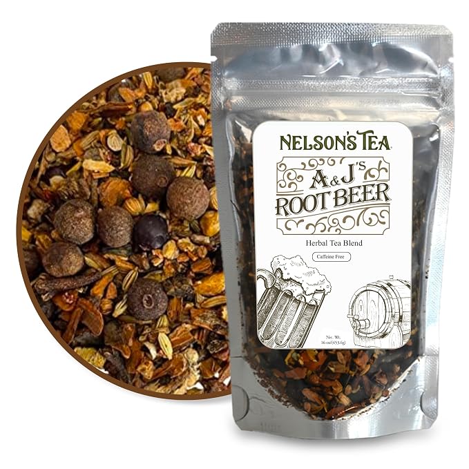 Nelson's Tea A&J's Root Beer - Cut & Sifted Sarsaparilla Root Tea Loose Leaf - Caffeine Free, Harmonious Herbal Blend of Burdock, Birch Bark, Dandelion and More (16 oz)