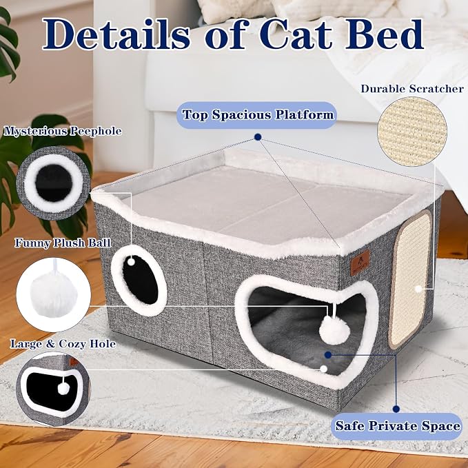 Extra Large Cat Beds for Indoor Cats, Covered Cat Cave Beds & Furniture with Scratch Pad and Fluffy Ball, Foldable Cat Condo Hideaway with Reversible Cushion for Multi Small Pet Large Kittens, Grey
