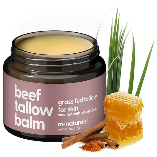 100% Grass Fed Beef Tallow for Skin, Body and Face | Moisturizing Honey Balm Scented with Cinnamon, Rosemary, Peppermint and Clove Bud Essential Oils | Suitable For Dry & Irritated Skin, 2 oz (57g)