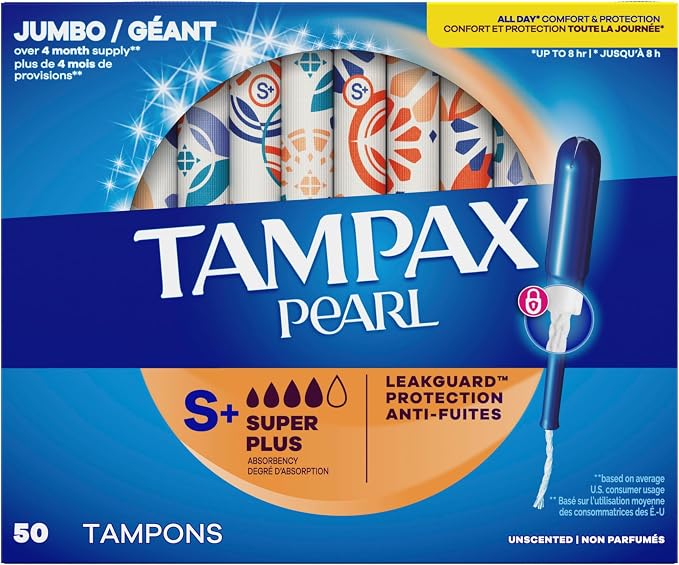 Tampax Pearl Tampons for Women, with LeakGuard Braid, Super Plus Absorbency, Unscented, 50 Count