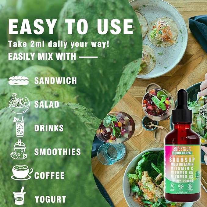Vyxion Soursop Bitters Liquid, Soursop Multivitamin Drops - 2000mg 10:1 Extract from Fruit & Leaf, Vitamin B6, C, D3, Graviola Liquid Drops | Vegan, Non-GMO | 2 Fl Oz