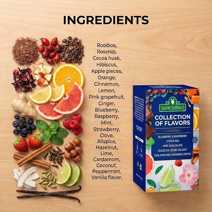 [Collection of Flavors] Saint Gottard Herbal Tea – Caffeine-Free Herbal Infusion, Natural Ingredients, Hot or Iced Tea, Organic Premium Flavor Blend, Aromatic & Smooth Taste, 40 tea bags