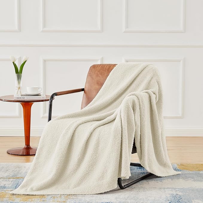 Super Soft Knit Throw Blanket Throw Size Beige - Lightweight Plush Fuzzy Fluffy Warm Cozy Blankets and Throws for Sofa Bed All Season Use, 50x60 inches