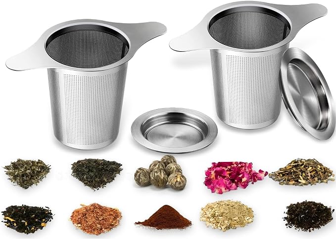 Infuser for Loose Leaf Tea, Stainless Steel Tea Infuser，Loose Leaf Tea Steeper Strainer with Double Handles, Extra Fine Mesh Ball Infusers, Diffuser Holder Filter for Mugs (Stainless material 2 Pcs)