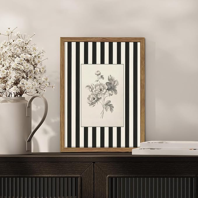 Framed Vintage Floral Wall Art, Black and White Stripes Flower Canvas Wall Decor Paintings, Minimalist Botanical Artwork Print Picture for Living Room Bedroom Bathroom 16x24 Inch