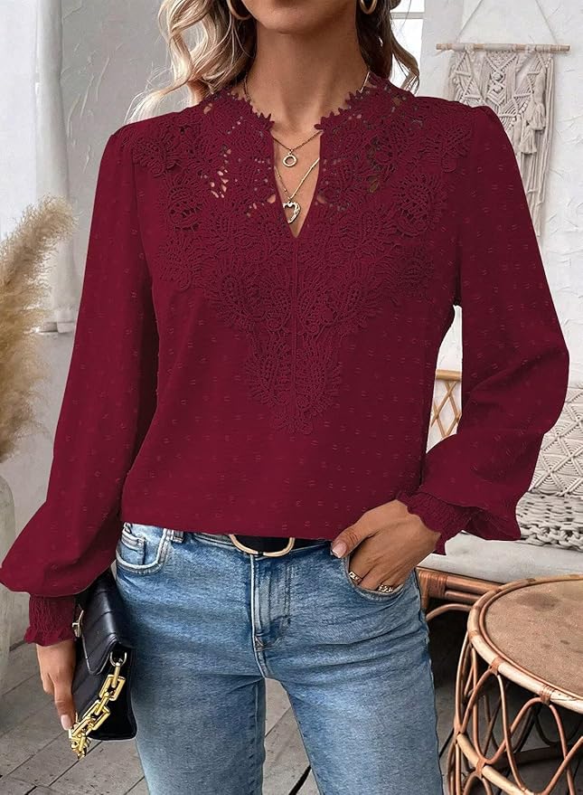 Womens Tops Swiss Dot Boho Long Sleeve Shirts V Neck Casual Chiffon Blouses Flowy Lace Hem Cute Clothing Trendy 2026