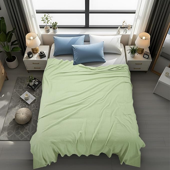 Utopia Bedding Cotton Blend Sage Green Waffle Blanket Queen - 90x90 Inches | Lightweight, Skin Friendly, Breathable, All Season, Luxury, Bed, Couch, Sofa