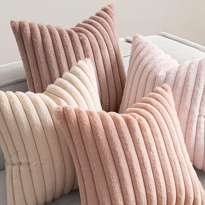 MIULEE Faux Fur Plush Decorative Throw Pillow Covers 16x16, Pink | Set of 4, Striped, Soft Cute Romantic Modern Cozy Home Decor, Cushion Cases for Sofa Couch Bed Living Room
