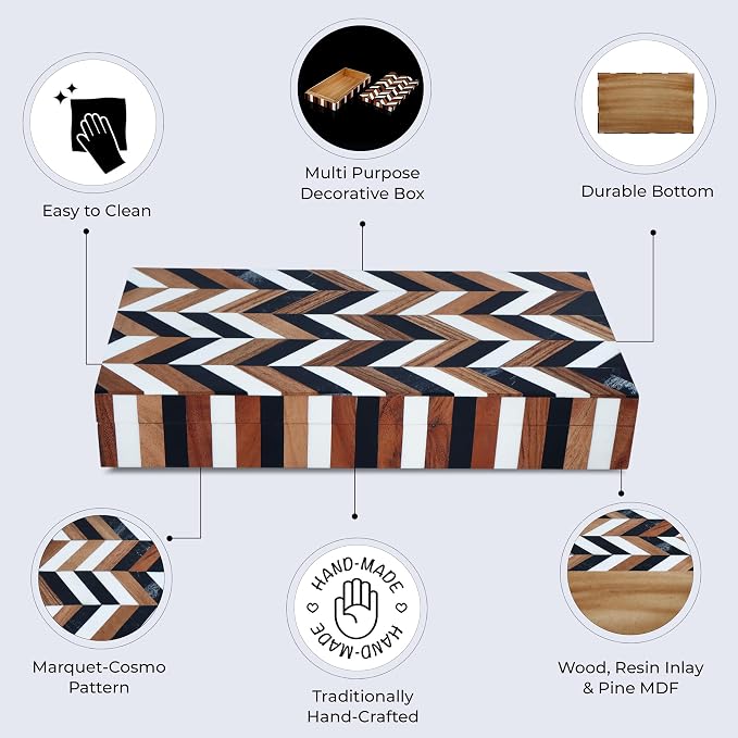 Handicrafts Home Large Decorative Storage Box with Lid Wooden Decorative Box Large Storage Box for Living Room, Mental Decor– Natural Wood Resin Inlay Marquet Cosmo Collection- 12x6x2
