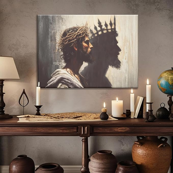 Framed Jesus is the King Christian Wall Art, Jesus and Crown Canvas Wall Decor Christ Biblical Pictures Painting Prints Religious Room Decor for Church Prayer Room Schools Hospitals 12" x 16"