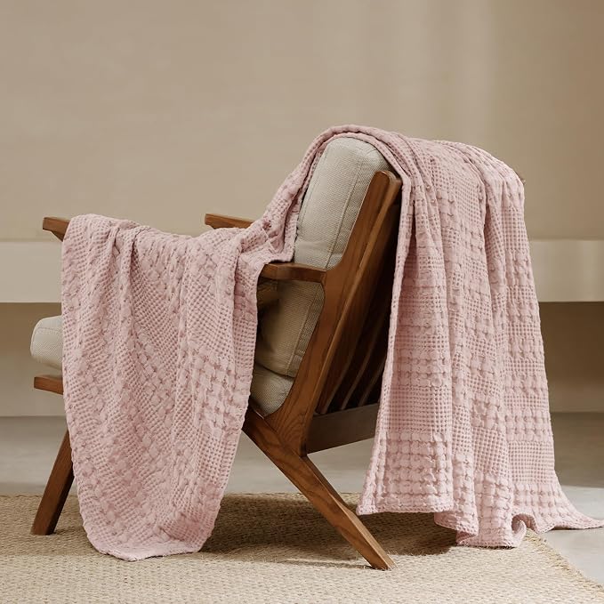 PHF 100% Cotton Waffle Weave Throw Blanket, Lightweight Breathable Summer Blanket for Couch Sofa, Pre-Washed Soft Throws for Bed, Office, Travel & Stylish Home Decor, 50"x60", Pink/Mauve