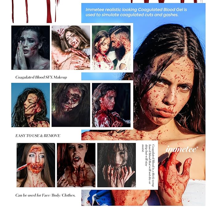 immetee Fake Blood Gel, Sfx Blood Gel with Stipple Sponge, Sfx Fake Blood Makeup Kit, Halloween Coagulated Stage Blood Specail Effects Makeup Face Body Paint. 55g