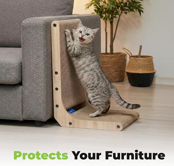 Best Pet Supplies Catify L-Shaped Cardboard Cat Scratcher - H: 26" | 16" x 11" x 26", Ball Toy Included, Durable Corrugated Cardboard, Space Saving Design, Furniture Protector, For Big Cats