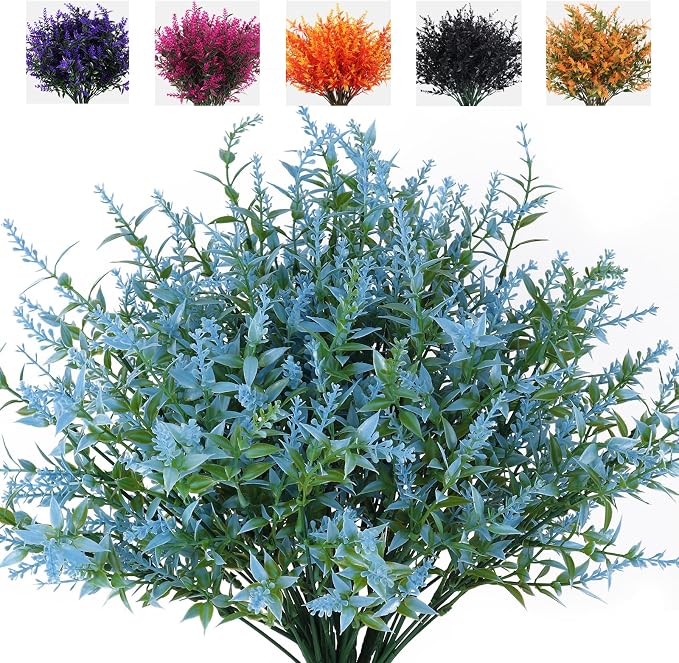 RECUTMS Blue Artificial Flowers for Outdoor Artificial Plants & Flowers 8Pc | Faux Plants for Outdoor Planters Spring Fake Shrub Faux UV Resistant Flower Plastic Fillers Indoor Outside Hanging Decoration