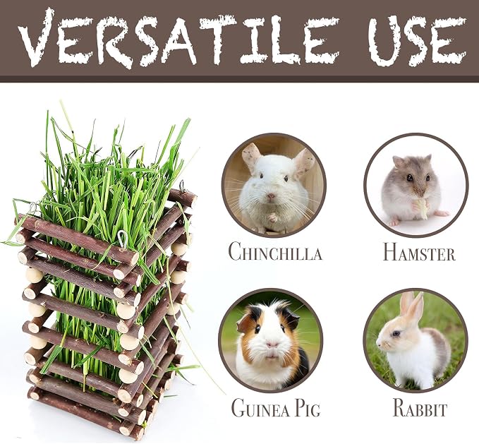 Apple Wood Hay Feeder for Small Animals - Durable Pine & Apple Wood Hay Rack with 2 Hooks - Food Dispenser & Grass Holder for Rabbit, Guinea Pig, Chinchilla, Hamster, Gerbil, 10x10x18cm
