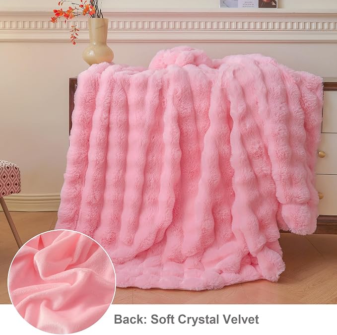 LIFEREVO Luxury Fluffy Faux Rabbit Fur Throw Blanket 50x60, Pink | Plush Shaggy Bubble Blanket for Bed Couch Sofa Office, Decorative Soft Cute Furry Lap Throw for Kids Teens Adults, Washable