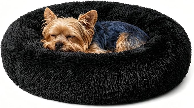 Calming Donut Dog and Cat Bed for Indoor Cats, Anti-Anxiety Round Fluffy Soft Washable Small Pet Bed for Puppy and Kitten, Warming Comfortable Luxury Anti-Slip Waterproof Mute Base 20in Black