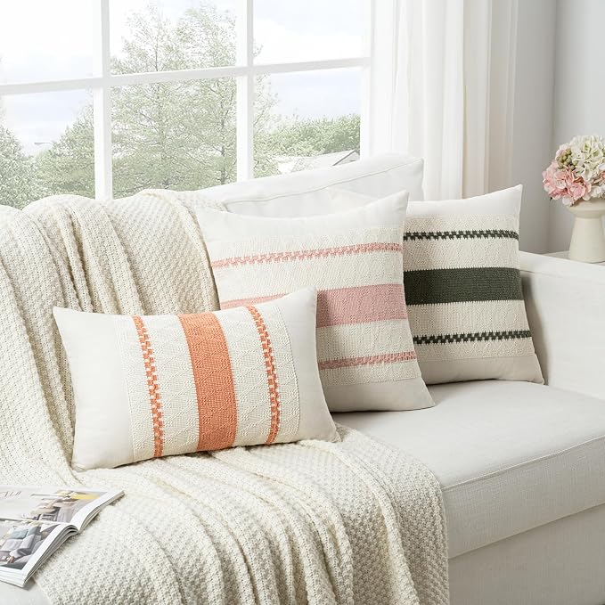 Fancy Homi Set of 1 Boho Coral Decorative Throw Pillow Cover 22x22 Inch for Couch Bed Sofa, Aesthetic Modern Organic Farmhouse Home Decor, Soft Cotton Cute Accent Macrame Woven Cushion Case