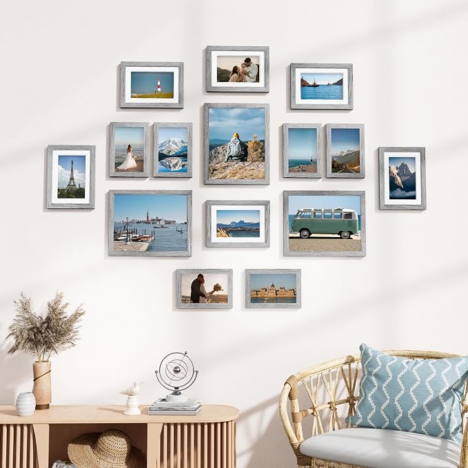 Vittanly 15 Pack Picture Frames Collage Wall Decor, Wall/Tabletop Display | Grey, Multi-Size Gallery Wall Frame Set: 3pcs 8x10, 6pcs 5x7, 6pcs 4x6. Picture Frame Set for Family
