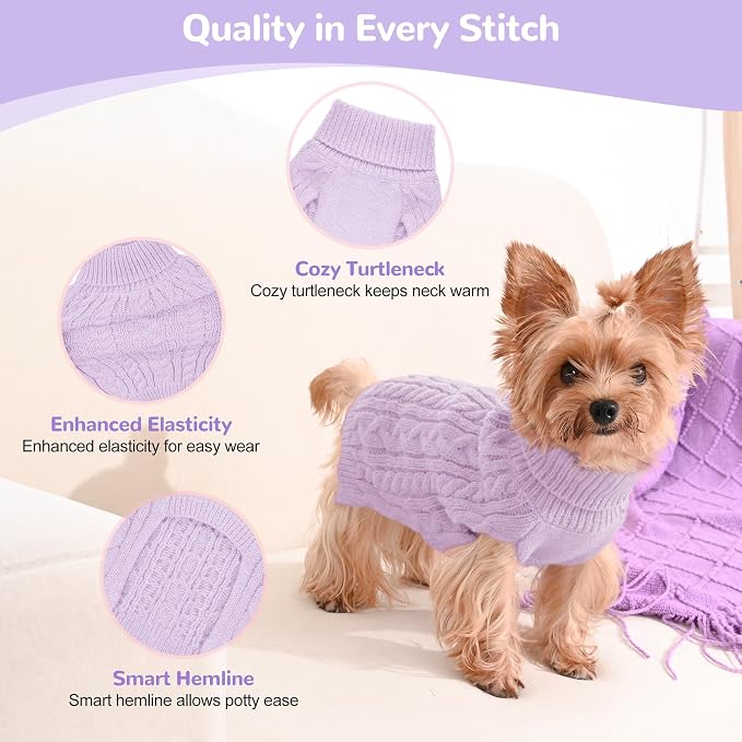 Dog Sweater 2 Pack for Small Dogs, Size S, Pink & Purple | Stretchy cable knit turtleneck, machine washable, high belly cut, comfy winter fit for Chihuahua, Maltese