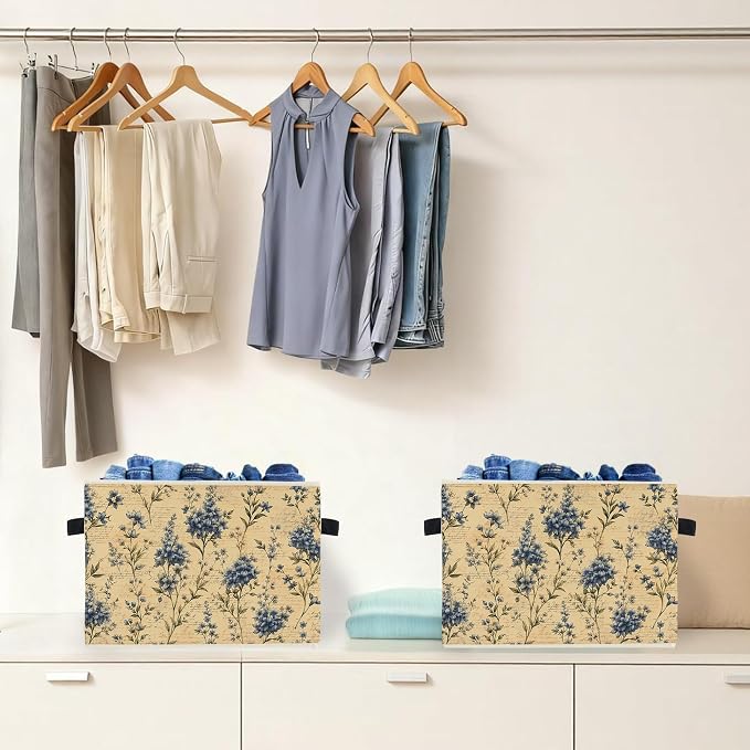 Vintage Blue Floral Storage Box Bins, Rustic Cottagecore Botanical Flower Collapsible Storage Basket Organizer for Bedroom Laundry Room Home Clothes Books, Decor for Room