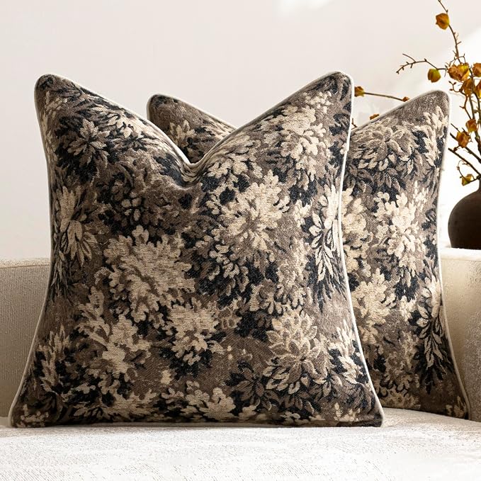 Pack of 2 Vintage Floral Throw Pillow Covers 20x20 Boho Farmhouse Accents Chenille Square Decorative Pillow Cases for Living Room Couch Bed Home Decor, Taupe