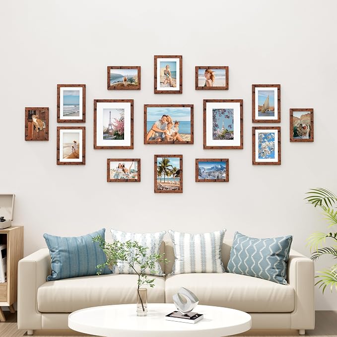 Vittanly 15 Pack Picture Frames Collage Wall Decor, Wall/Tabletop Display | Rustic Brown, Multi-Size Gallery Wall Frame Set: 3pcs 8x10, 6pcs 5x7, 6pcs 4x6. Picture Frame Set for Family