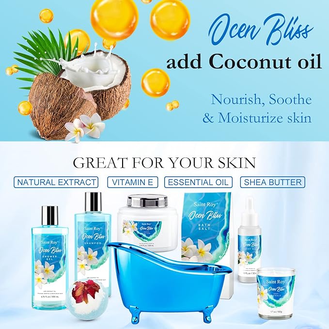 Mothers Day Gifts for Women Bath & Body Gift Set, Bath Basket Spa kit Gifts for Her Him Birthday Gift for Woman, Self-care Home Spa Kit, 8pcs Christmas Gift for Women Ocean Vanilla, Spa Gift Baskets