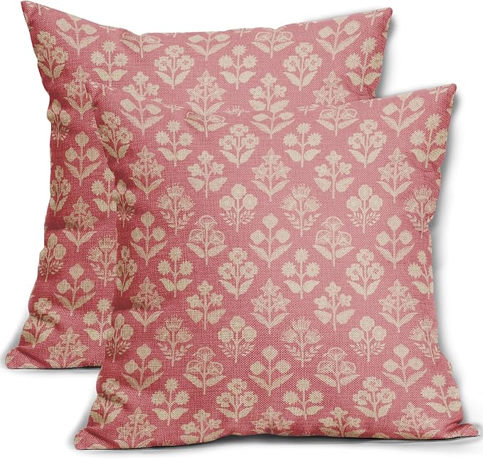 Pink Floral Block Print Pillow Covers 16x16 Inch Set of 2, Vintage Flower Pattern Decorative Throw Pillowcases Outdoor Farmhouse Cushion Covers Spring Summer Rustic Sofa Couch Bed Decor