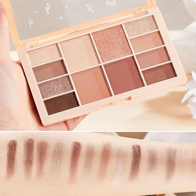 12 Colors Velvety Smooth Eyeshadow Palette, Warm Neutral Nude Matte & Shimmer Eye Shadow Shades, Highly Pigmented Blendable Waterproof Long-Lasting Daily Eye Makeup Palette for Women, 01#